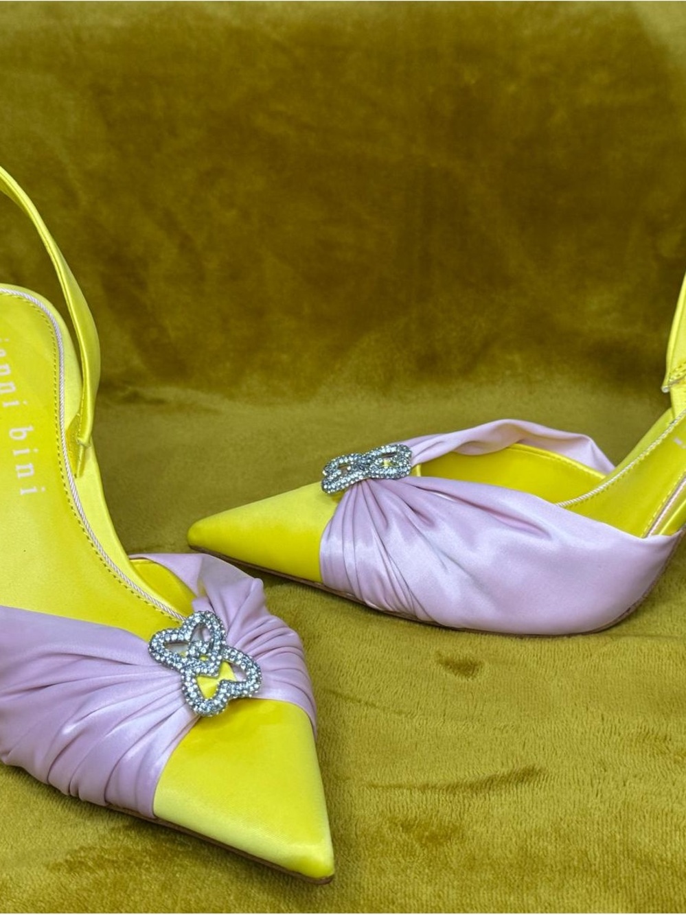 Gianni Bini Yellow and Light Pink Satin Slingback Heels with Crystal Buckle - Picture 2 of 6